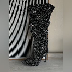 Classic Women Rhinestone Decor Point Toe Boots Stiletto Heels, 39